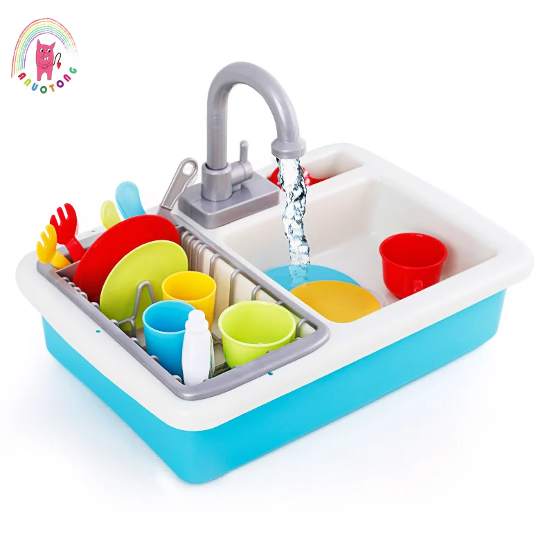 Children DIY Simulated Electroni Kitchen Flume Toy True Flow Faucet Color Mini Simulated Cleaning Tableware Set Washing Toy Gift