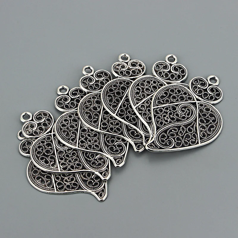 4PCS Antique Large Hollow Open Filigree Love Viana Heart Charms Pendants  for DIY Jewelry Necklace Finding