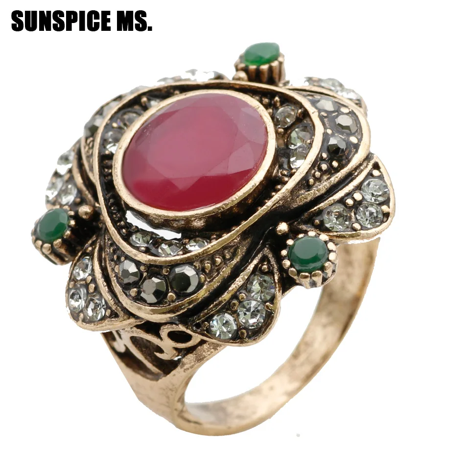 SUNSPICE MS. New Round Rose Flower Vintage Ring Turkish Women Antique Gold Color Ethnic Wedding Finger Rings Indian Jewelry Gift