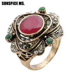 SUNSPICE MS. New Round Rose Flower Vintage Ring Turkish Women Antique Gold Color Ethnic Wedding Finger Rings Indian Jewelry Gift