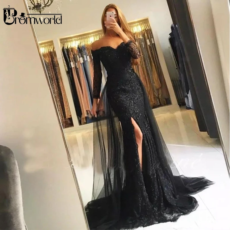 Black Muslim Evening Dresses 2024 Mermaid 3/4 Sleeves Lace Beaded Slit Tulle V-Neck Dubai Kaftan Saudi Arabic Long Evening Gown