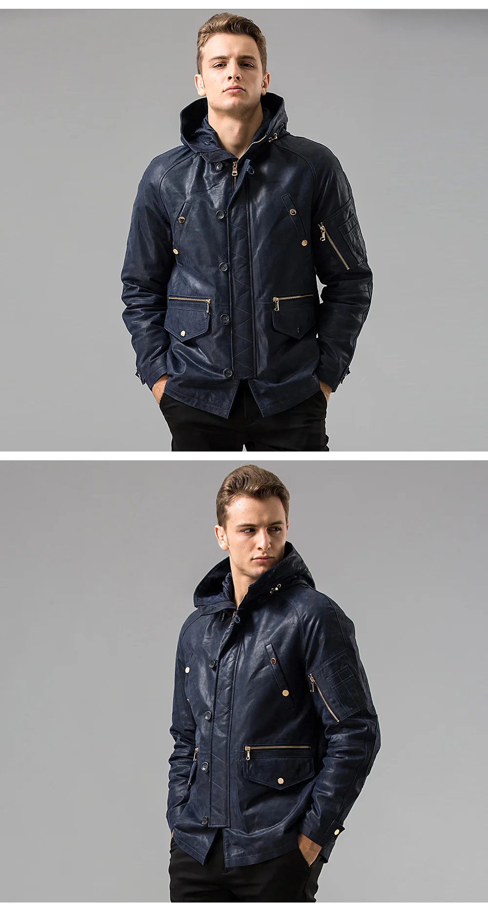 FLAVOR Men's Pigskin Real Leather Jacket Hooded Hat Detachable