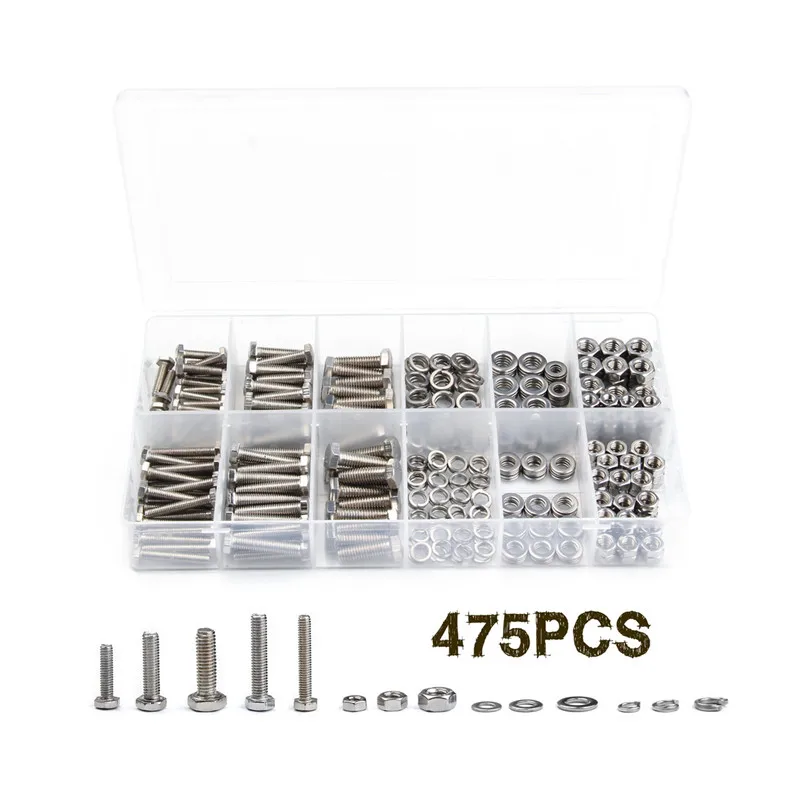 

475Pcs Hexagon Socket Nuts Screw with Lock Silver Flat/Elastic Washers Set Stainless Steel Metric Hex Bolts Head Cap M4/M5/M6