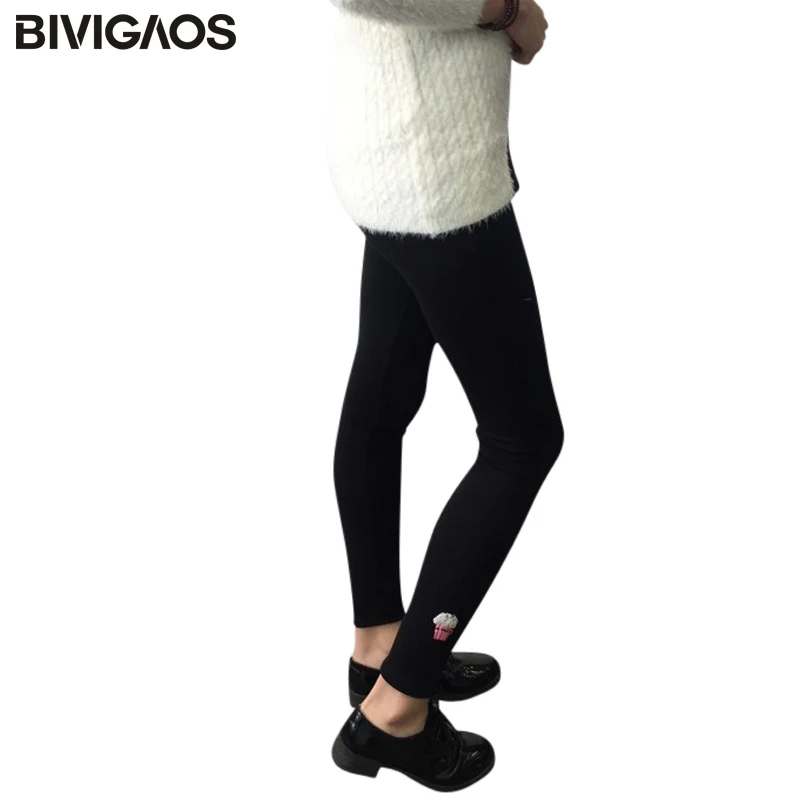 

BIVIGAOS Female Black Leggings Pants Elastic Cotton Embroidery Student Preppy Style Outer wear Cute Leggings Women