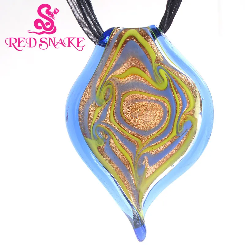 

RED SNAKE Dark blue with light blue color Leaf Drop Abstract pattern Murano Glass Pendant Necklace