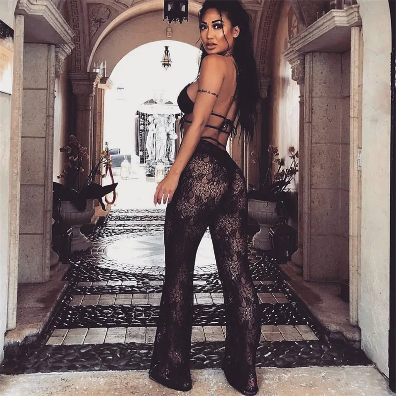 BKLD Woman Elastic Waist Pants White Wide Leg Pants Lace See-Through Summer Beach Party High Waisted Black Pants Trousers Women