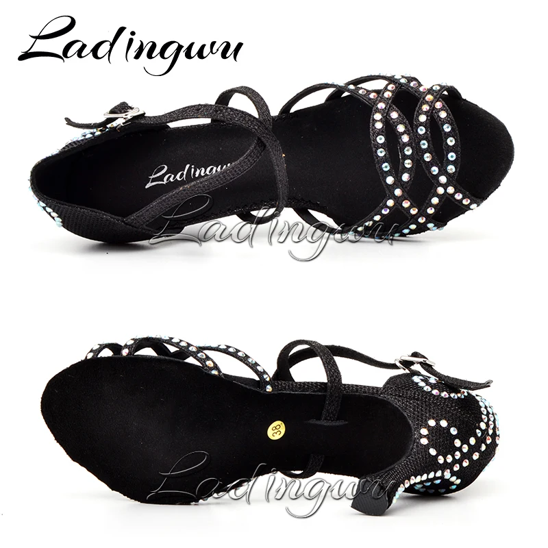 Ladingwu Dance Shoes Latin Women Rhinestone Salsa Shoes Dance Ballroom Party Profession Dance Shoes Heel 9cm Glitter Satin