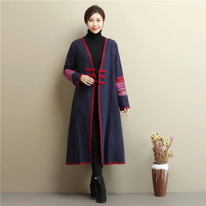 

LZJN 2019 Spring Autumn Long Coat Women Embroidery Trench Coat Vintage Chinese Windbreaker Cotton Linen Cardigan Overcoat MF-52