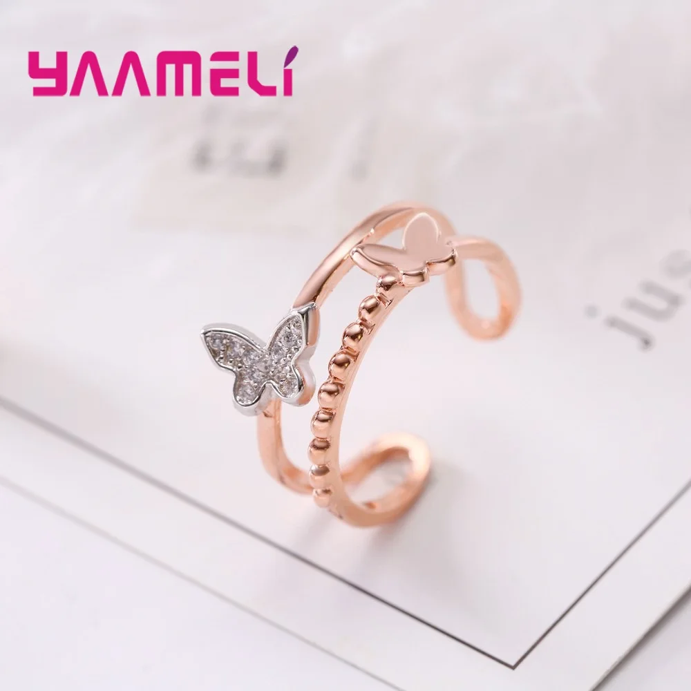 Women Ladies Perfect Present Pretty Butterfly Shape Rose Gold Opening Finger Rings Good Cubic Zirconia Embellishment