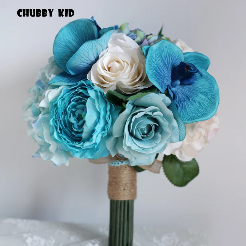 100% High quality vintage style bridal holding flowers Artificial Phalaenopsis Hydrangea Rose Berry wedding bouquet blue color