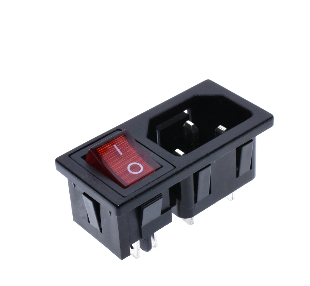 3Pin Red Rocker Switch Fused IEC 320 C14 Inlet Power Socket Fuse Switch Connector Plug Connector AC 10A 250V