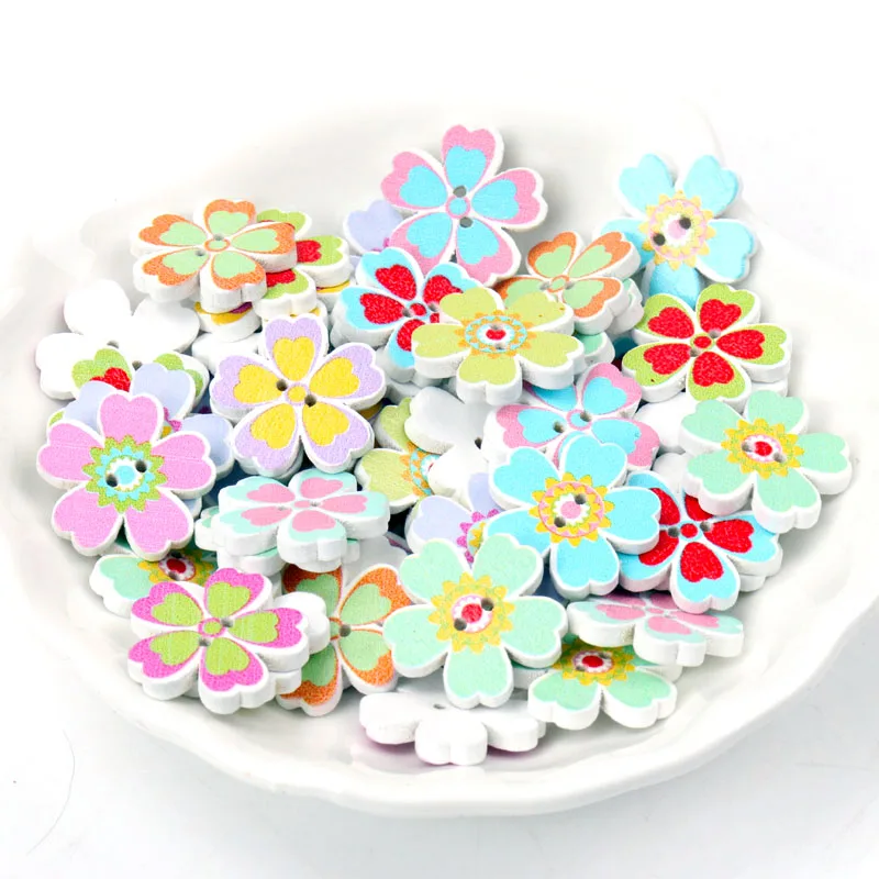 Wooden Scrapbooking Sewing Apparel Accessory Decoration Mixed Flower Painted Buttons Decorative Buttons DIY Crafts 20pcs 20-25mm