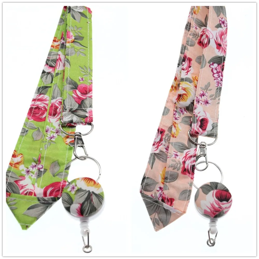 10 pieces/lot free shipping Wholesale Lanyard with Cloth flower Retractable ID Badge Holder Reel