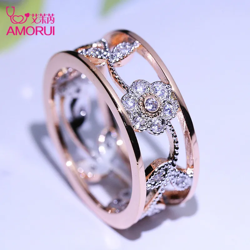 Fashion  AAA Zircon Flower vines Leaf Marriage/Engagement Rings for Women everlasting gold rose Crystal Ring Anniversary Gift