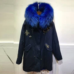 Navy Long Parka Blue Faux Fur Lining Beads Overcoat Real Raccoon Fur Winter Nice Coat