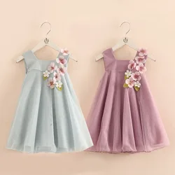 2024 Summer 2 3 4 6 8 12 Years Children Birthday Wedding Solid Color Flower Decoration Princess Sleeveless Kids Girl Party Dress