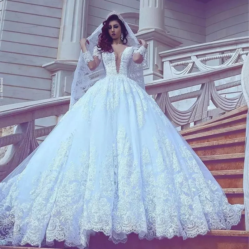 

Luxury Lace Appliques Princess Ball Gown Wedding Dresses Illusion Bride Marriage Long Sleeves Bridal Gowns Customized Dress