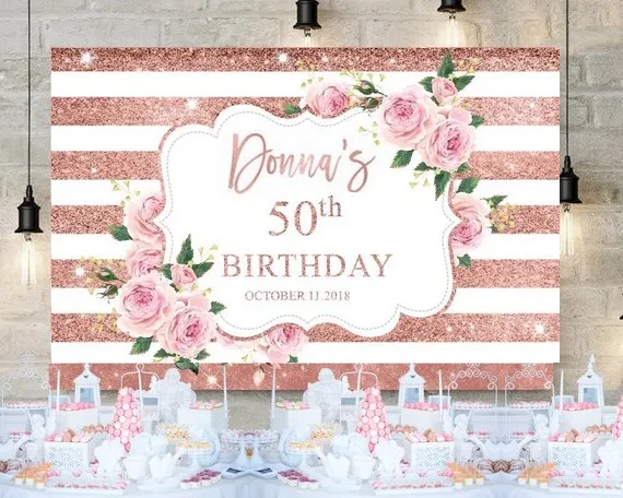 

custom Rose Gold And Blush Pink Flower Striped Glitter 50th Birthday background Computer print party backdrops