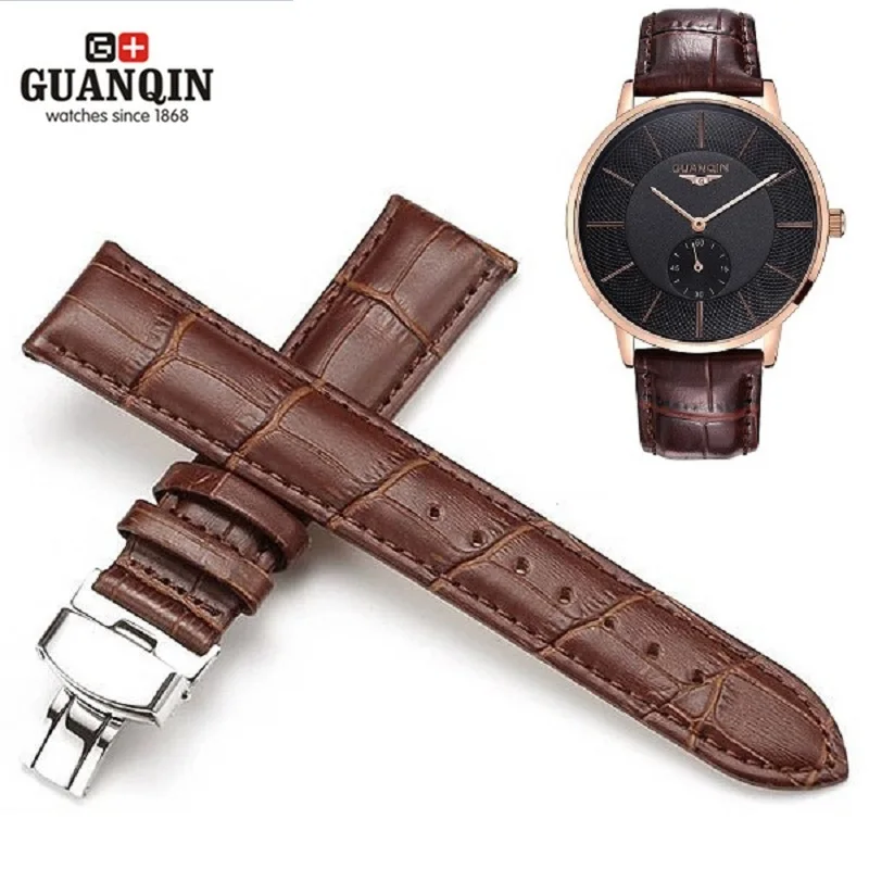 GUANQIN 20mm Watchbands Genuine Leather Black Brown Color Deployant Buckle Bracelet Watch Band For Butterfly Pattern Watches