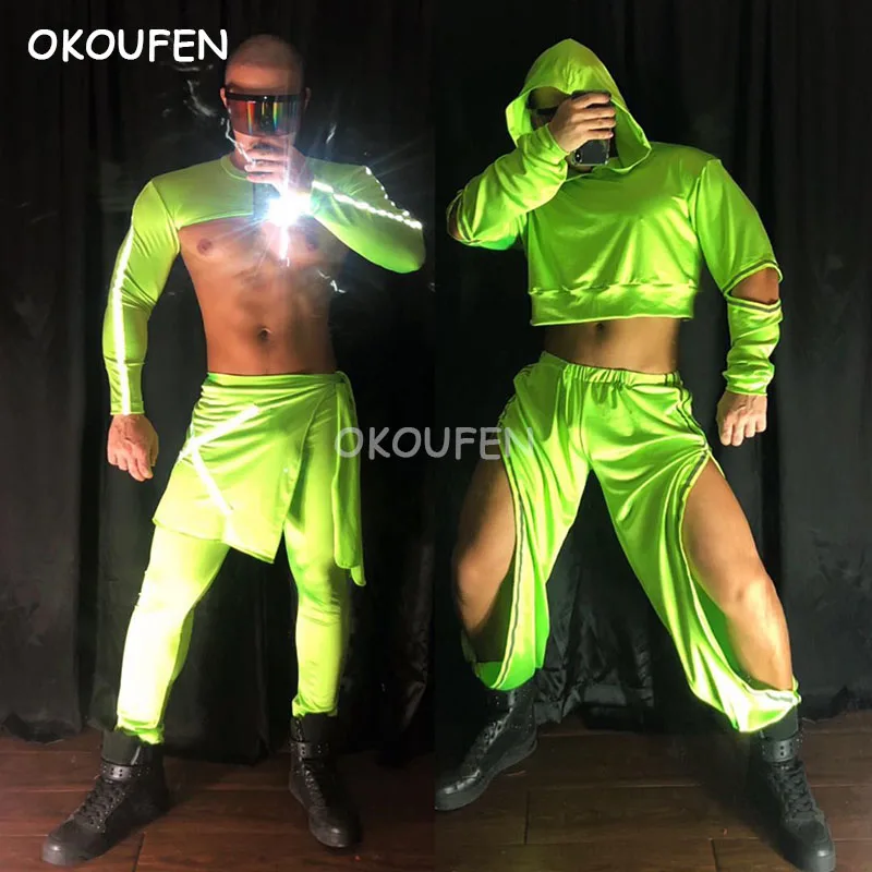 Night scene male singer dancer stage  ds reflective fluorescent strip  costumes party show theme clothing