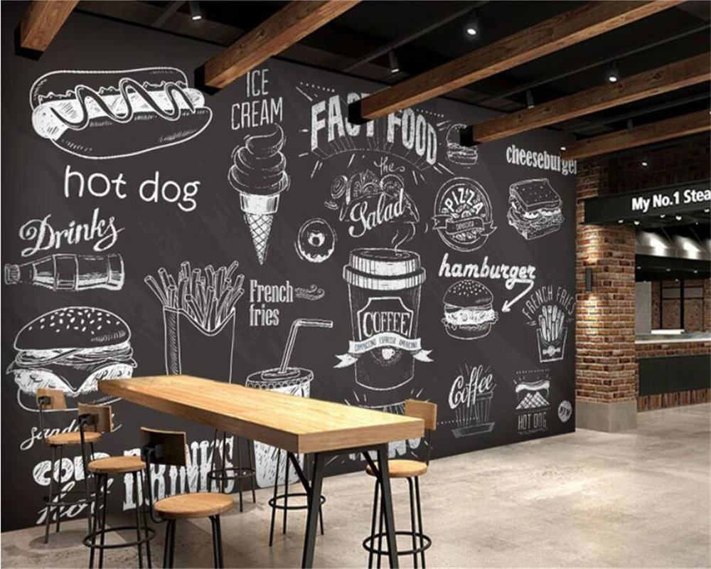 Custom wallpaper hand drawn chalkboard gourmet dessert fast food coffee shop restaurant background wall 3d wallpaper