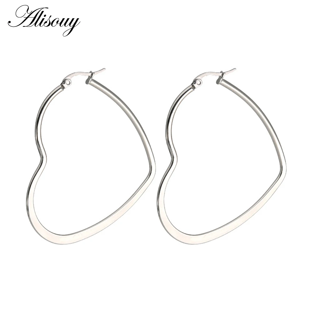 Alisouy 1pair Heart Shaped Large Hoop Earrings Rose Gold Color Stainless Steel Round Circle Hyperbole Earrings Nightclub Jewelry