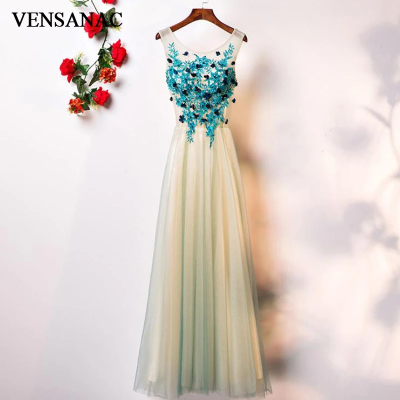 

VENSANAC O Neck 2018 Lace Flowers A Line Long Evening Dresses Elegant Party Appliques Backless Tulle Prom Gowns