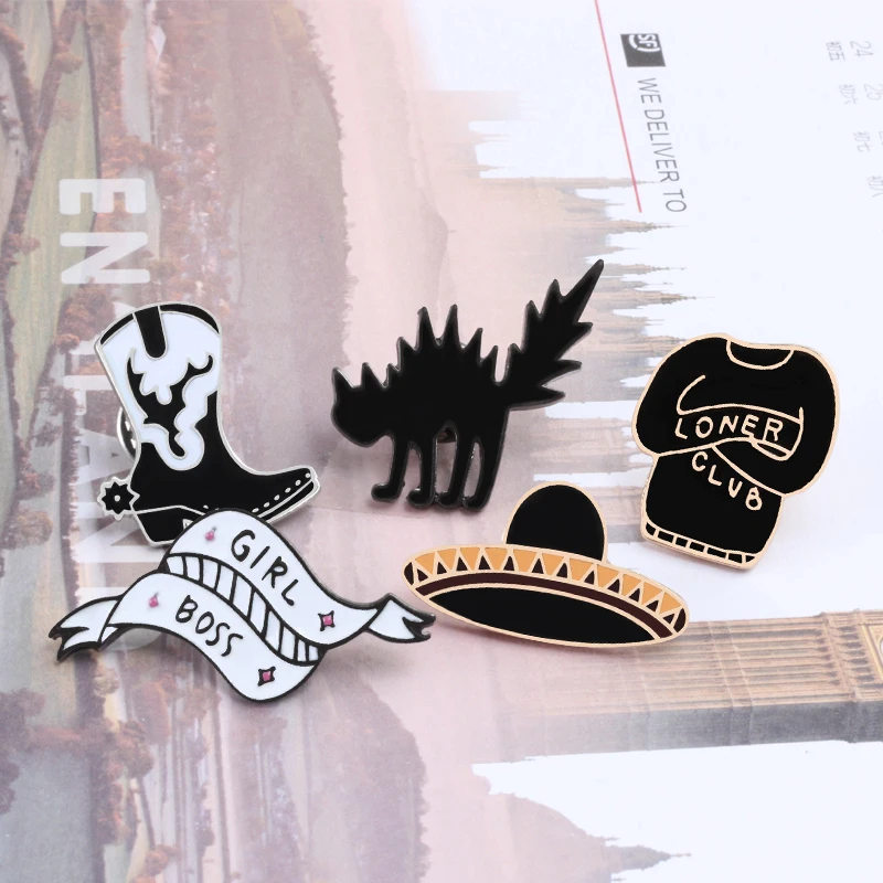 Fashion Black Cat Cowboy Hat Shoes Enamel Pin Girl Boss Brooches Jackets Clothes Collar Lapel Pin Badges Bag Accessories Jewelry