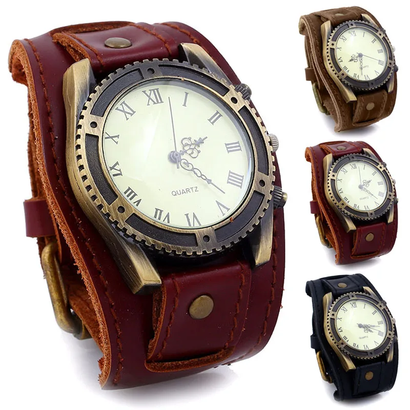 

Men Watches Punk Vintage Cow Leather Wristwatch Roman Numbers Dial Casual Watch Gift LL@17