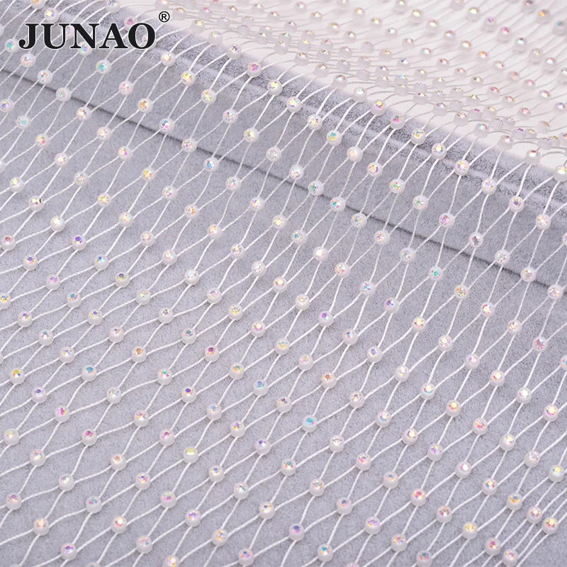 

JUNAO 1 Meter White AB Glass Rhinestone Trim Fabric Stretch Diamond Mesh Crystal Ribbon Strass Applique for Clothes