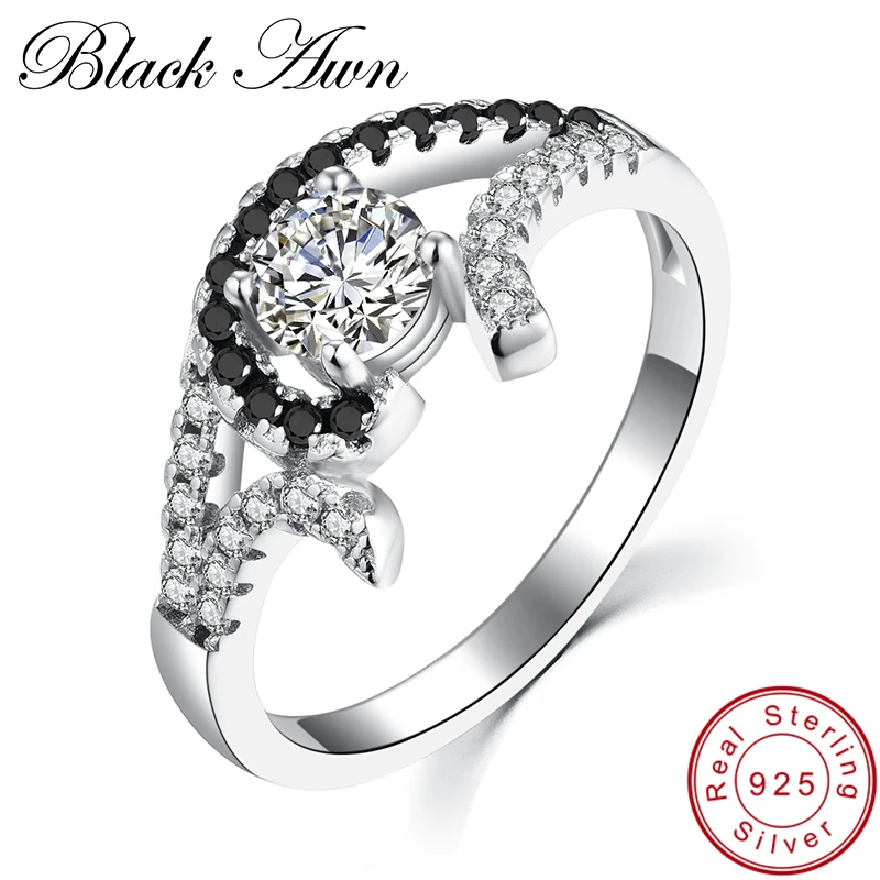 [BLACK AWN]-anillos de plata de ley 100% 925 auténtica con piedra blanca y negra para mujer, joyería para mujer, bisutería C228