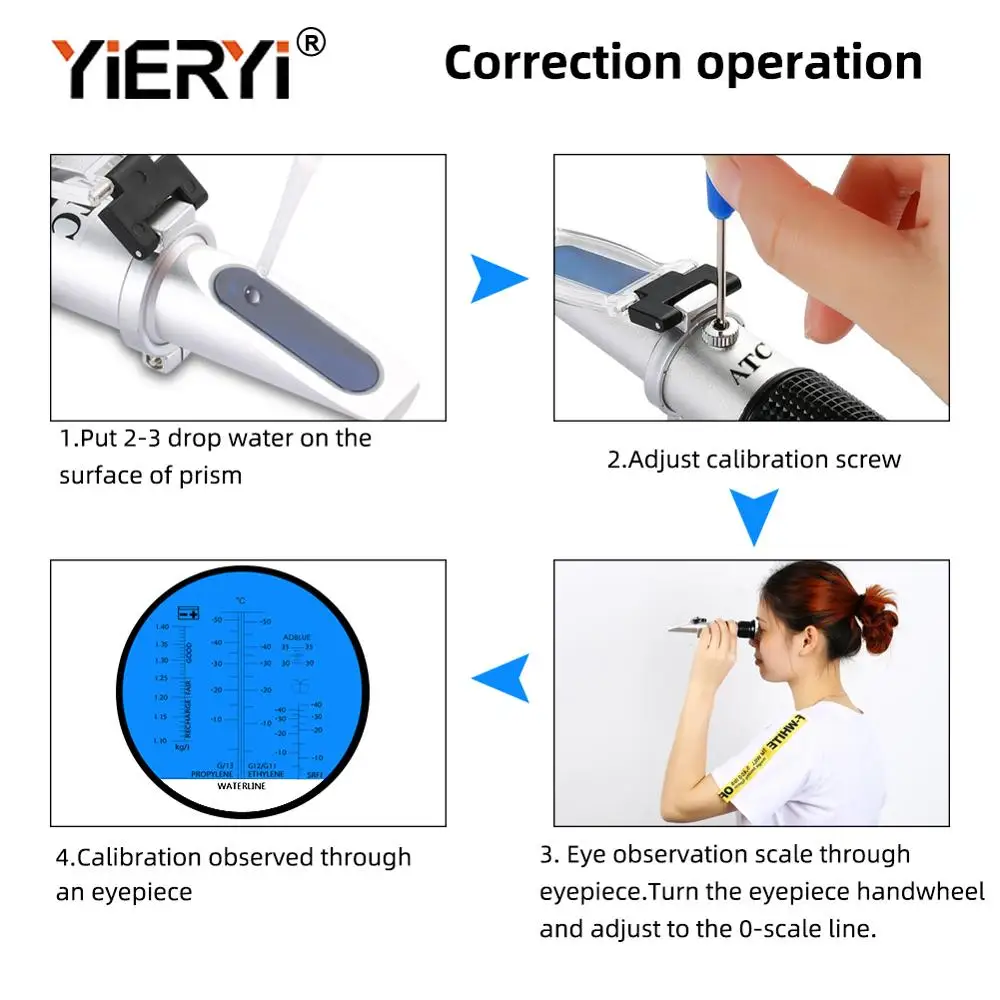 Yieryi Hand Held Tester Tool 4 In 1 Engine Fluid Glycol Antifreeze Freezing Point Car Battery Refractometer ATC With Black Bag