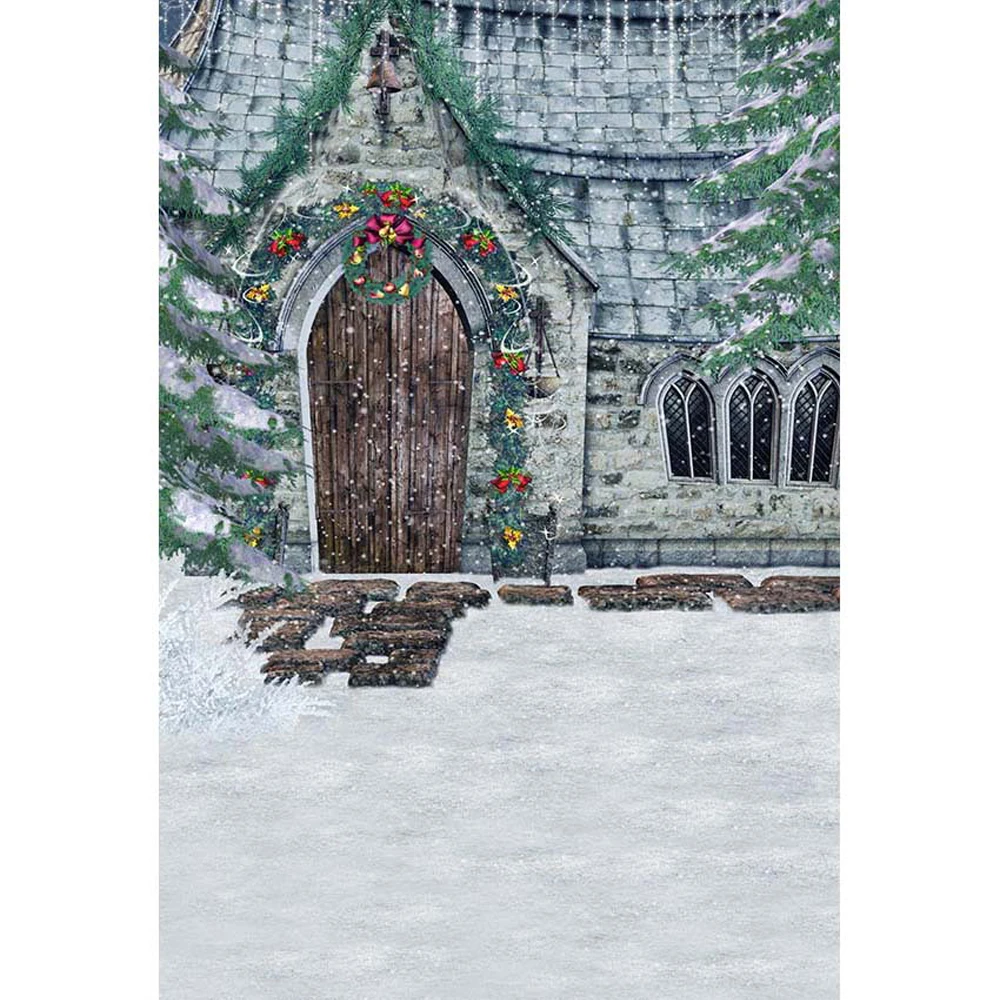 

Merry Christmas Photography Backdrops Printed House Arch Door Green Garland Frozen Pine Trees Winter Snow Photo Shoot Background