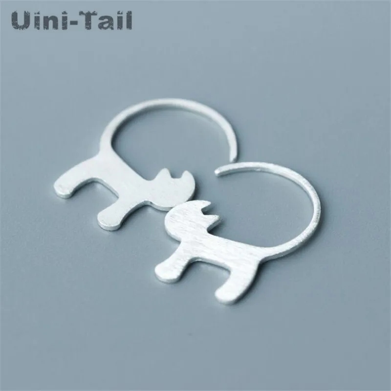 Uini-Tail hot new 925 Tibetan silver cute kitten earrings gender-oriented fashion tide flow brush earrings hypoallergenic  ED171