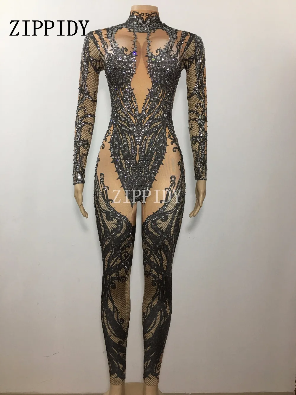 Fashion Hollow Black Crystals Stretch Jumpsuit Sexy Nightclub Bar Dance Wear Bodysuit Leggings Performance Clothing