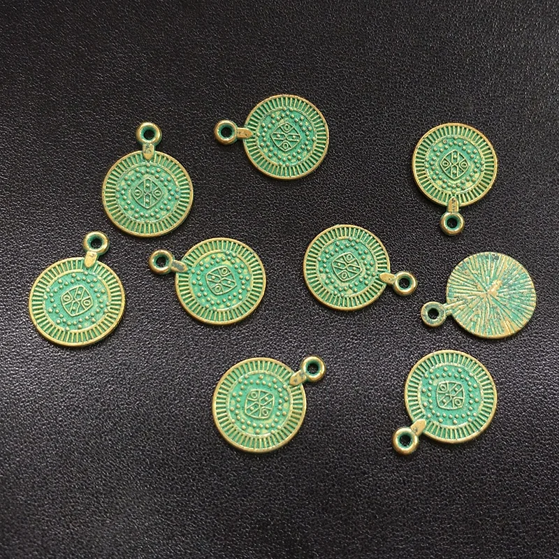 20pcs 14MM Retro Patina Plated Zinc Alloy Green Small Round Coin Charms Pendants for DIY Jewelry Accessories PJ004