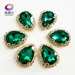 Malachite green Golden bottom Top grade Glass Crystal buckle,Drop shape sew on rhinestones,Diy wedding decoration 10pcs/pack