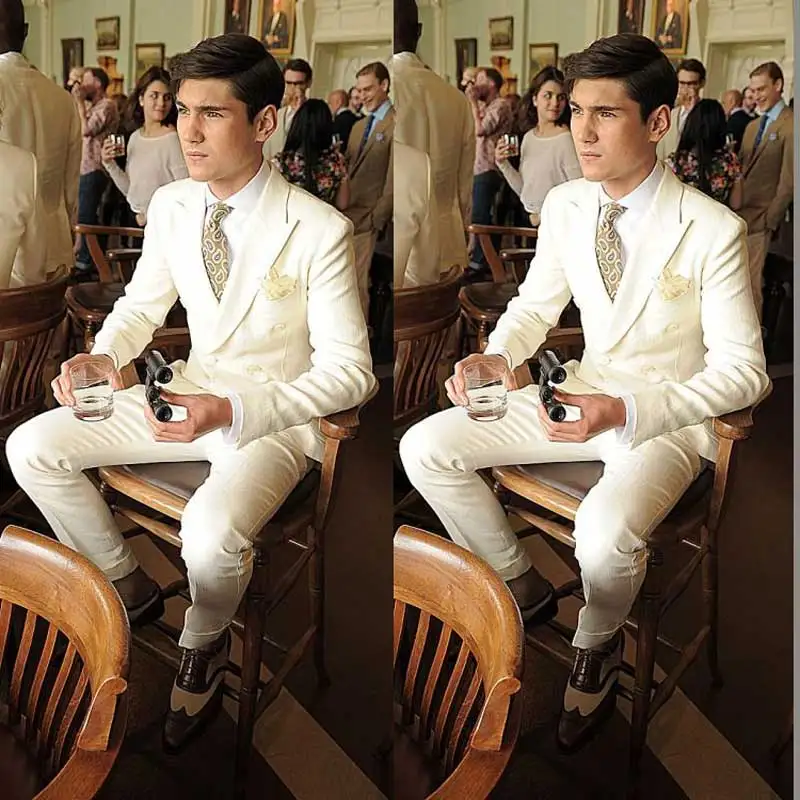 

Ivory Mens Wedding Suits Slim Fit Tuxedos Groom Wear Double Breasted Double Bridegroom Costume Homme 2PCS Peaked Lapel Blazer