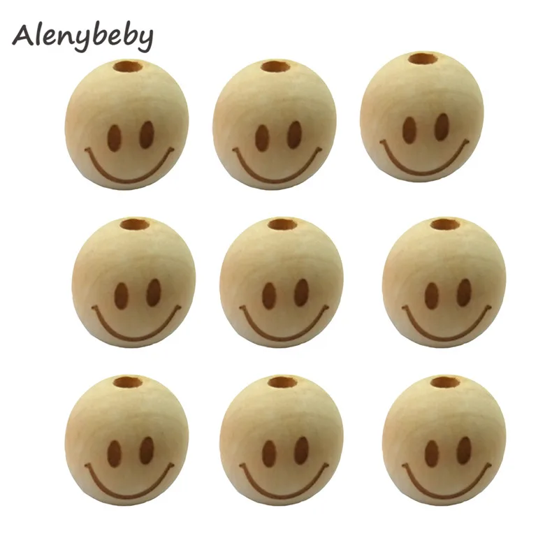 100pcs Natural Wood Beads Laser Printing Smile face Elephant Beads Teether Wood Teething Wooden Round Beads for Jewelry Making