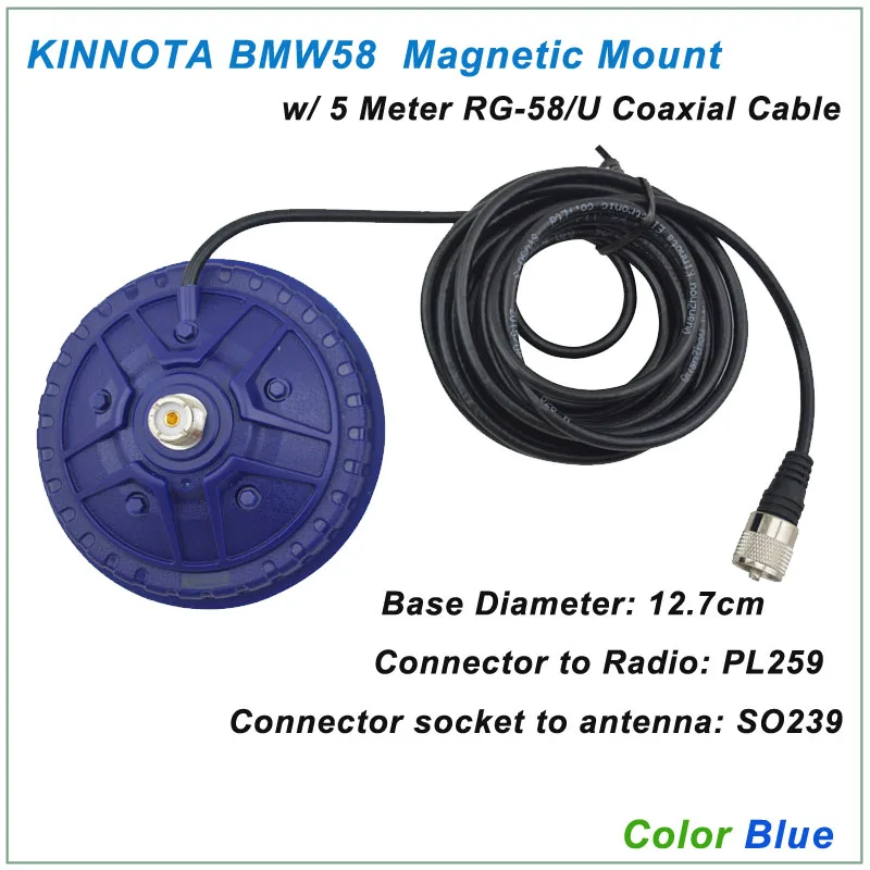 KINNUOTA BMW58 Color Blue MAGNETIC MOUNT SO239 with 5 Meter RG-58/U Coaxial Cable PL259