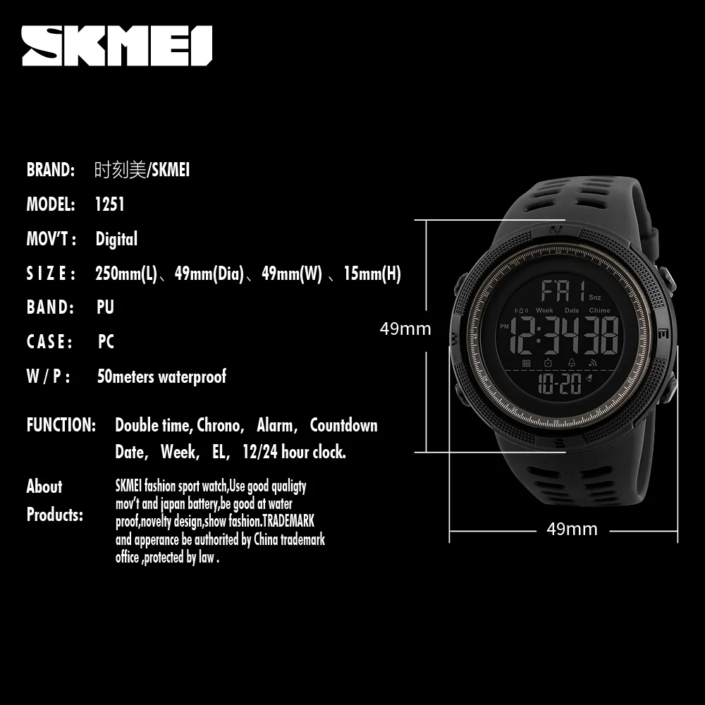 SKMEI 1251 Heren Sport Horloges Dual Time Countdown Elektronische Horloges Waterdicht Digitaal Horloge voor Man militaire Klok