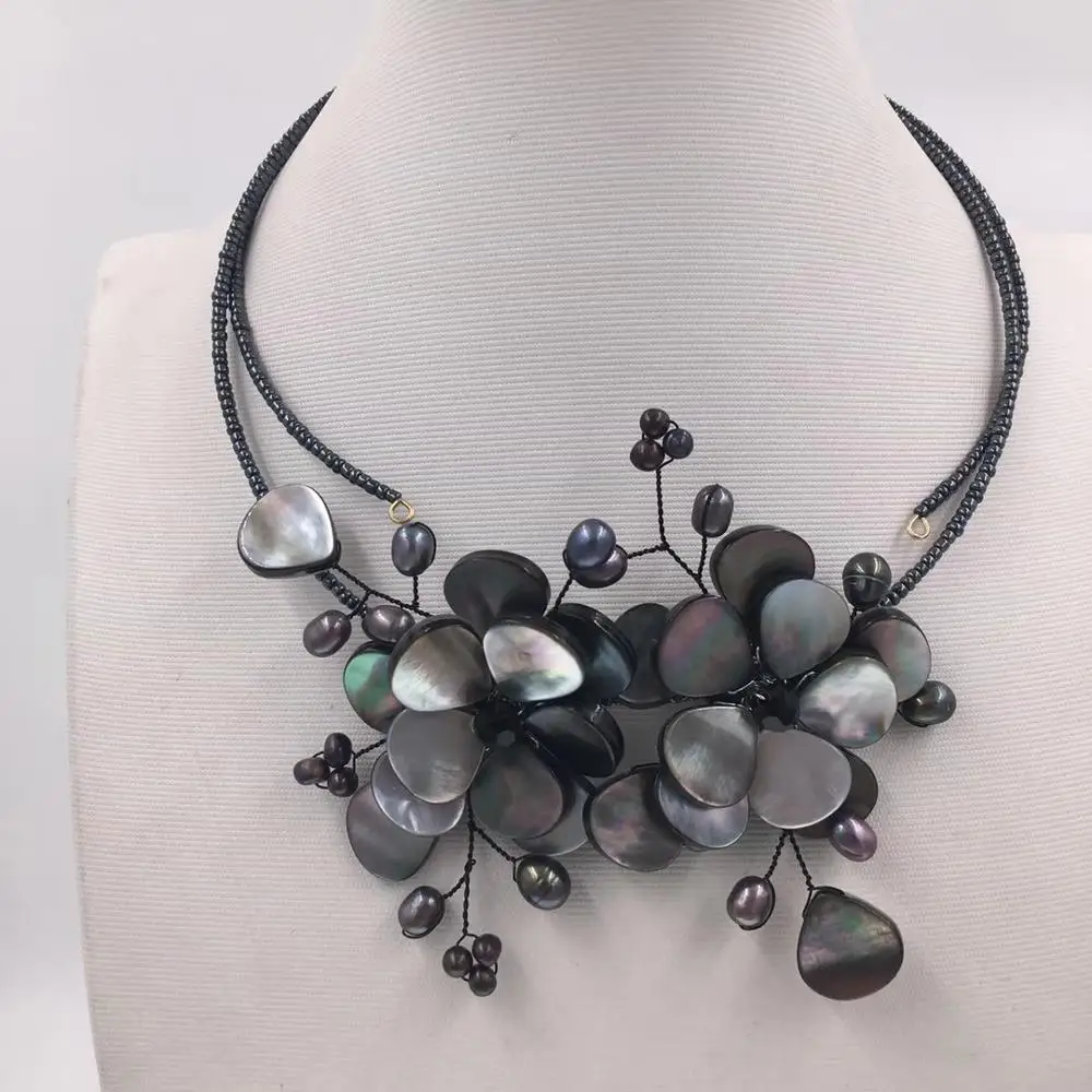 flower freshwater pearl rice and black shell flower 17inch necklace   FPPJ wholesale beads nature