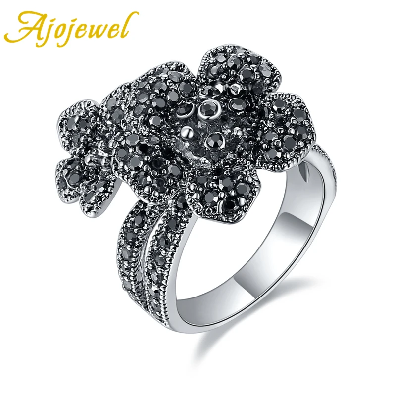 Ajojewel Brand Size 7-9 Vintage Double Flowers Ring Retro Black Rhinestone Flower Jewelry Copper Alloy