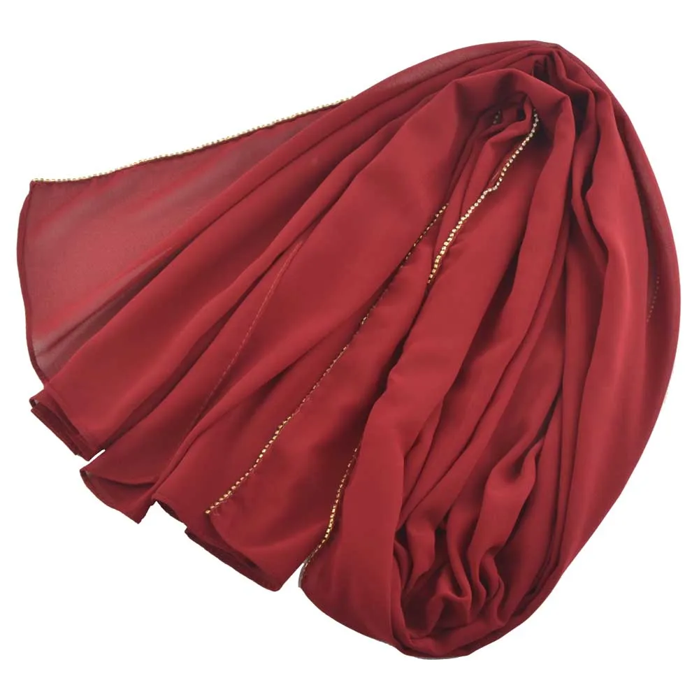 Woman Latest Fashion Bubble Chiffon Scarf With Chain,Plain Color Rhinestone Muslim Hijab,Head Scarf Wrap Bandana,Foulard Femme