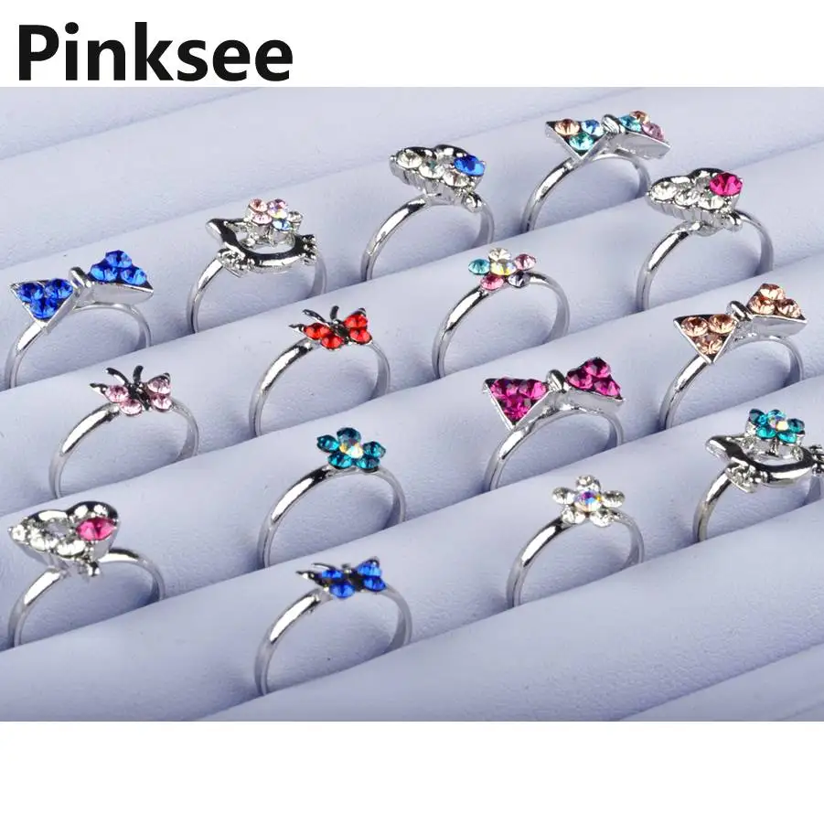 Mix Lot 60pcs Silver Plated kids ring Assorted Design Crystal Ring Child Party Small Size Adjustable Heart ring Wholesale