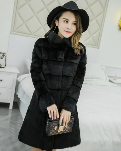 

Genuine natural real rabbit fur coat women fashion medium-long stand collar overcoat autumn and winter warm jacket