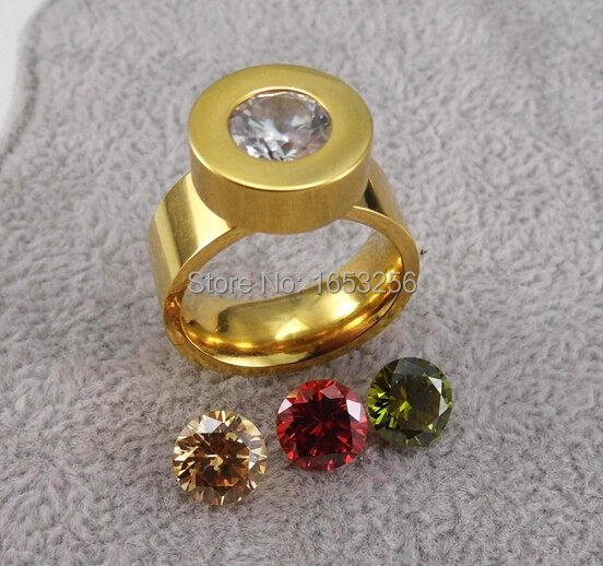 US  6-10#  (free 4 colour stone ) Gold Stainless Steel Ring CZ Stone Four Color Zircon Interchangeable  Fashion Bling Women