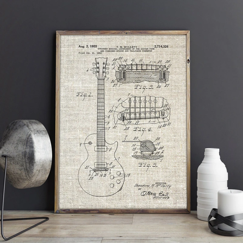 جيبسون ليه بول الغيتار براءات خمر المشارك يطبع ديكور المنزل مخطط خمر قماش اللوحة صورة هدية الموسيقى الزينة