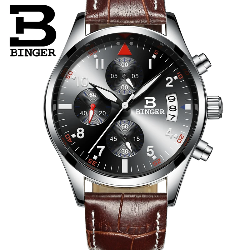 BINGER Brand Sport Men Watch Top Brand Luxury Male Leather Waterproof Chronograph Quartz Military Wrist Watch Men Clock Gift