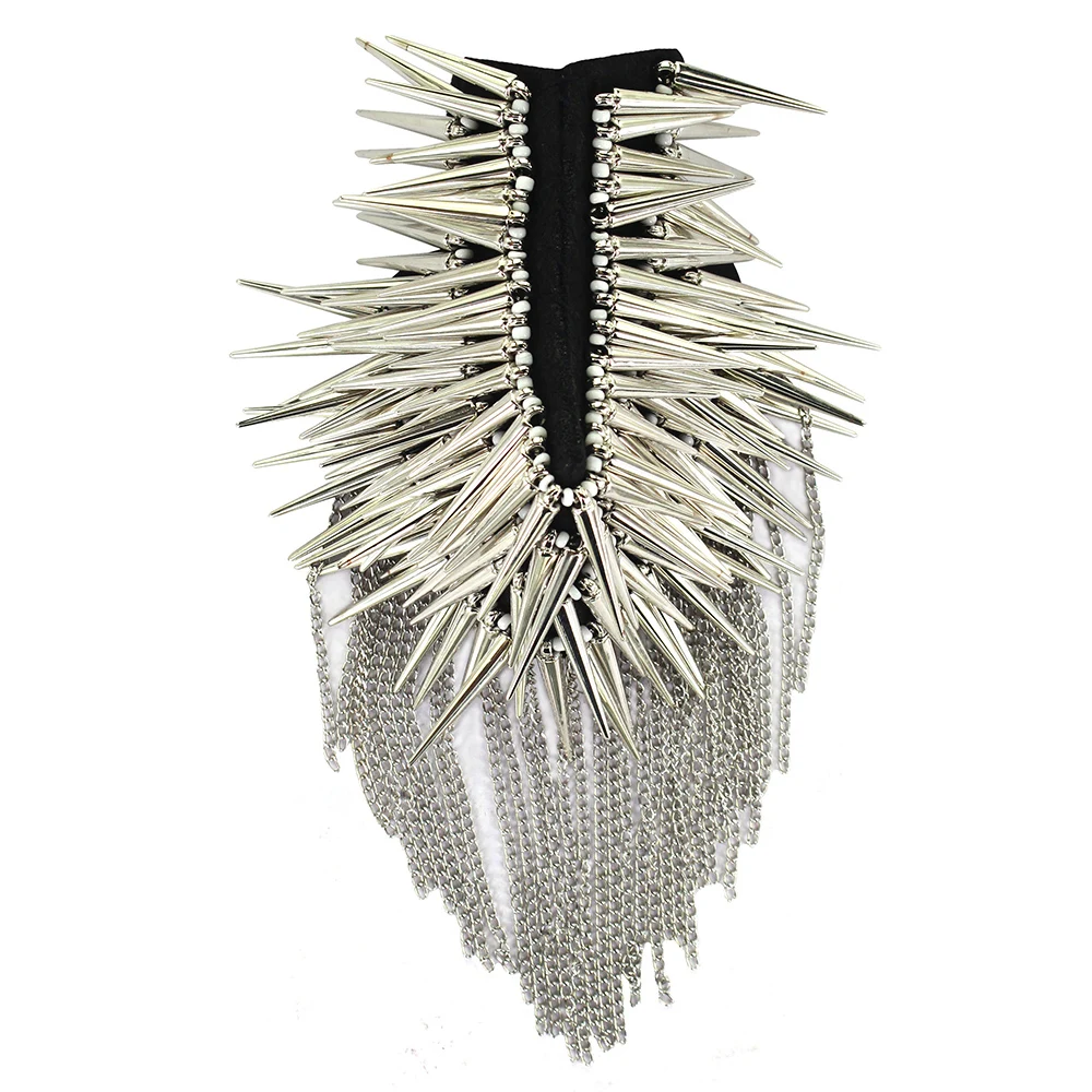 Beaded Rock Punk Rivet Shoulder Patches Motifs Fringe Epaulets for Suit Stage Clothes Shoulder Brooches 2 pieces